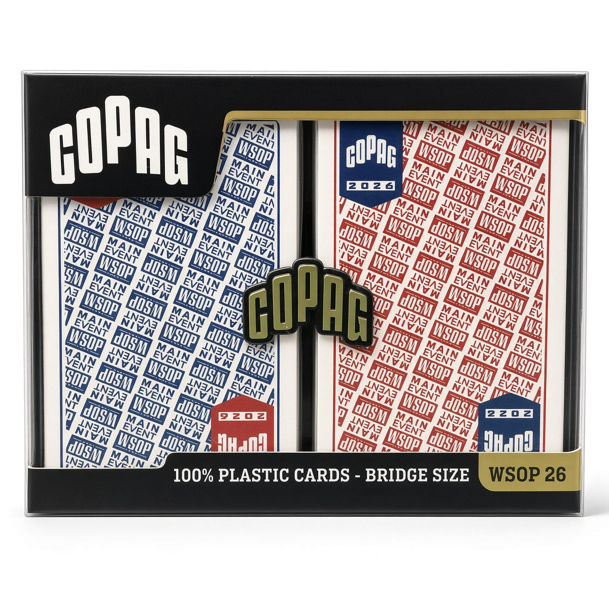 Angled front view of the Copag WSOP 2026 Main Event red and blue double-deck set