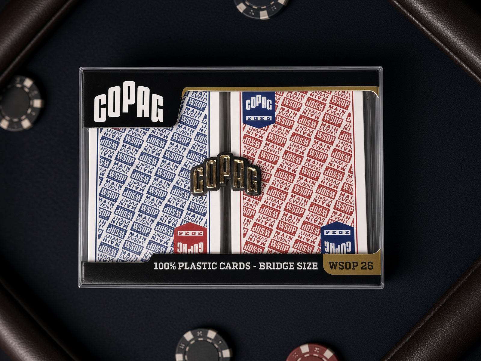 Copag WSOP 2026 Main Event double-deck set displayed on a black poker table with casino chips