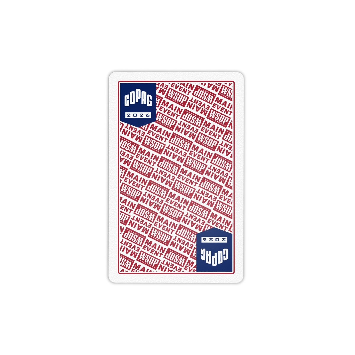 Red Copag WSOP 2026 Main Event playing-card back with repeating WSOP typography