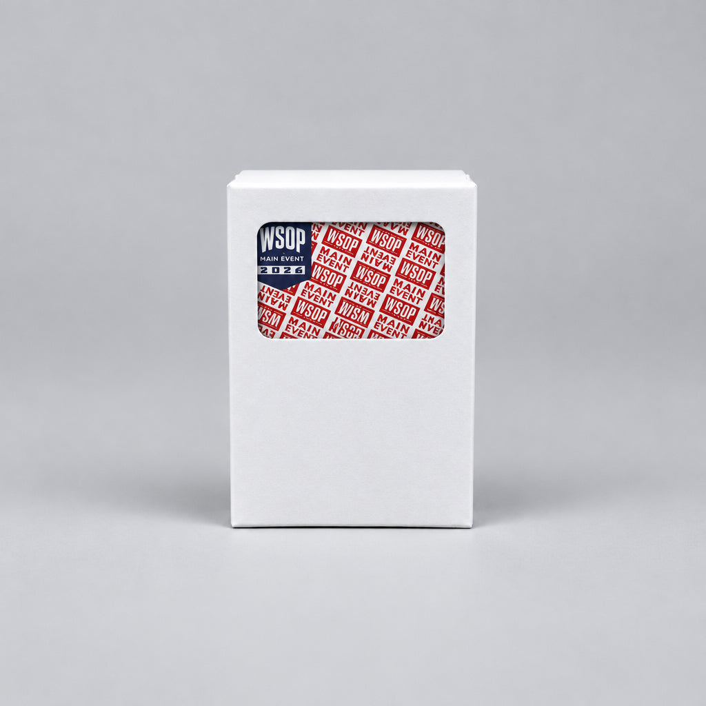 Copag WSOP 2026 Main Event red deck in a white window tuck box showing the repeating WSOP Main Event card-back pattern.