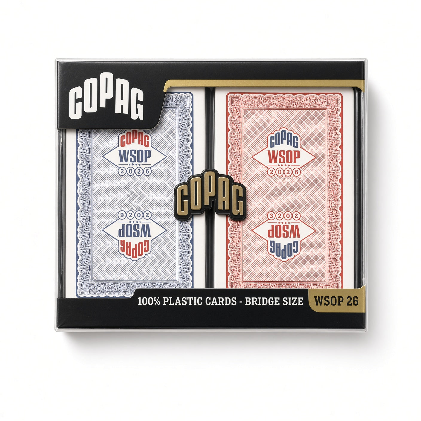 Copag WSOP 2026 Traditional red and blue 100% plastic bridge-size double-deck set