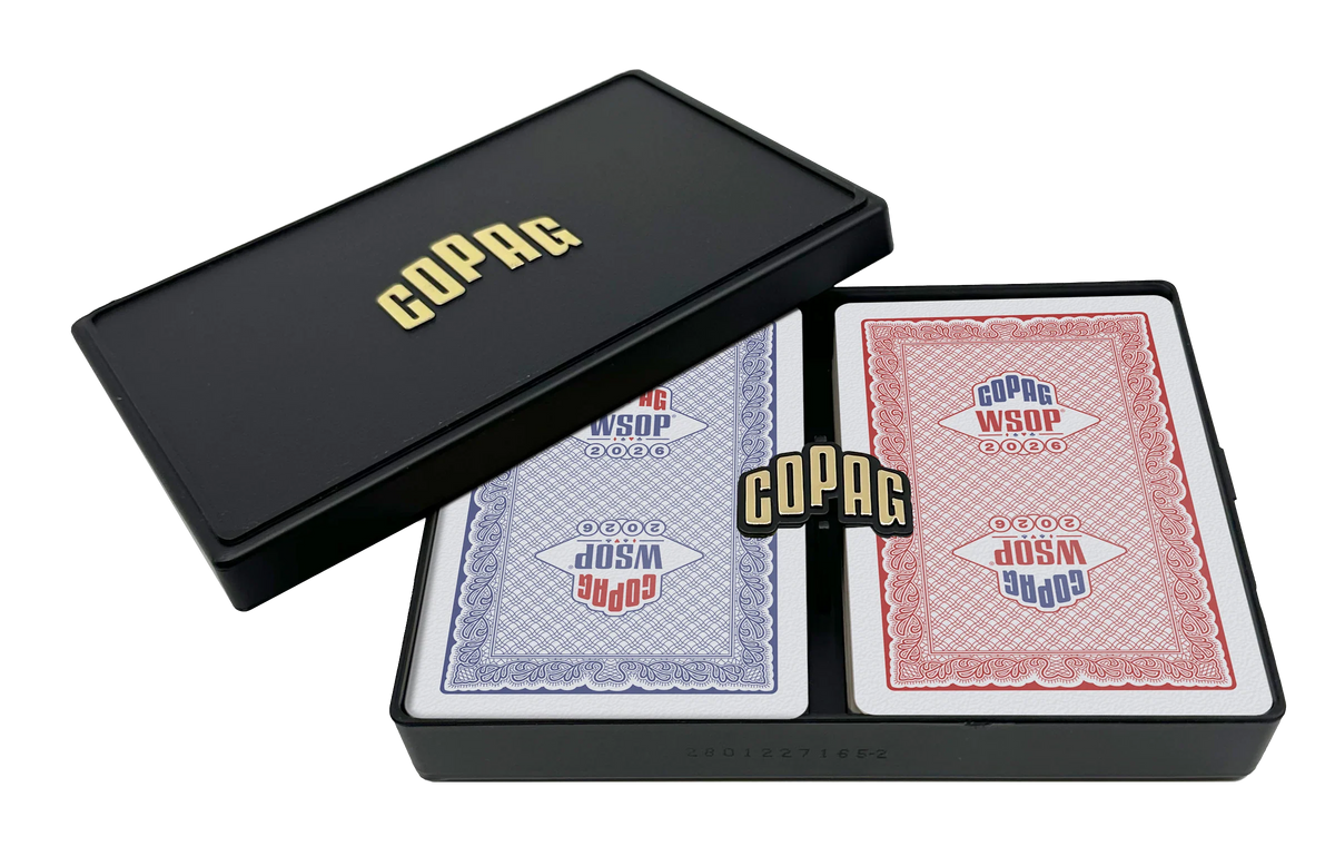 Open Copag WSOP 2026 Traditional case showing the red and blue playing-card decks