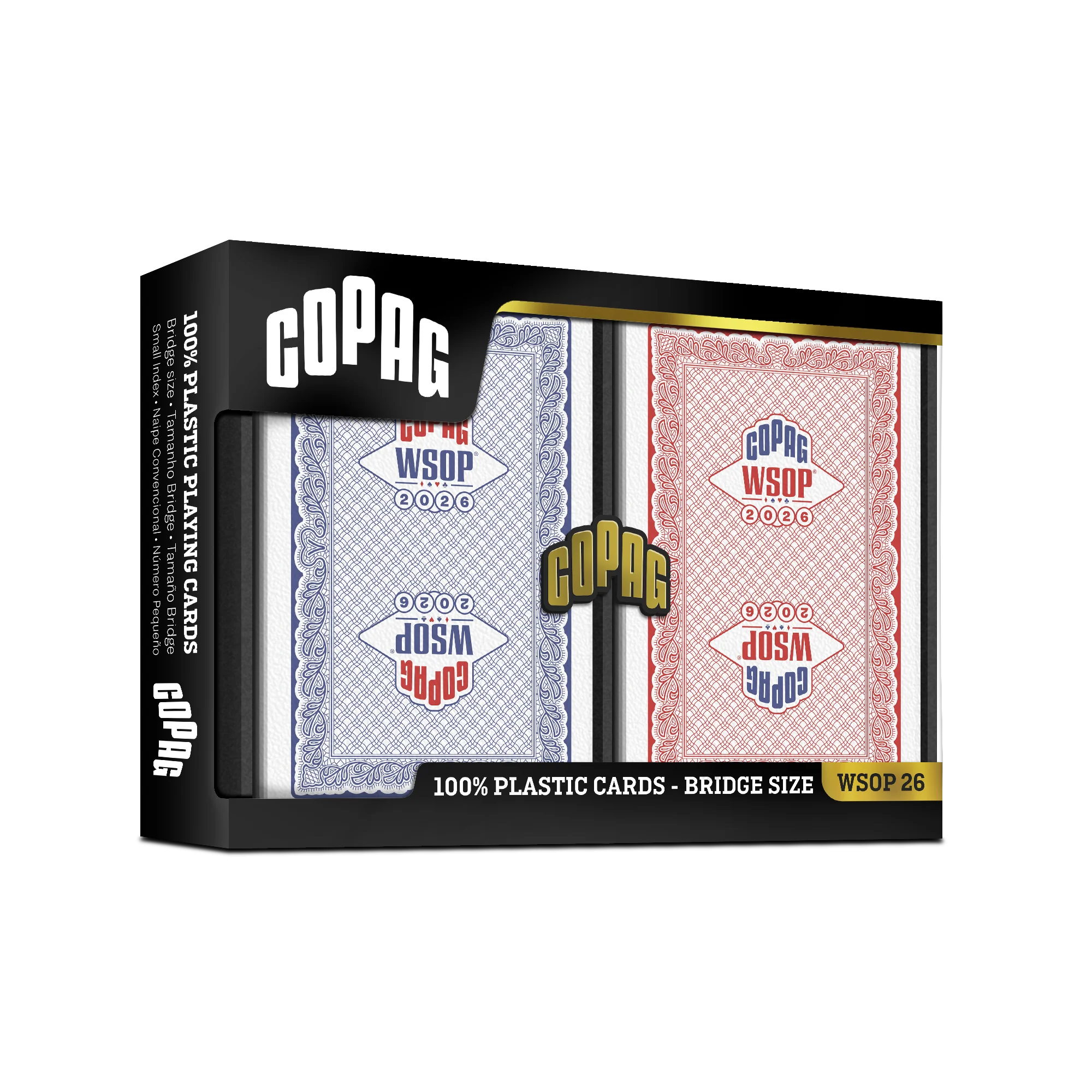 Copag WSOP 2026 Traditional red and blue 100% plastic bridge-size double-deck set in retail packaging