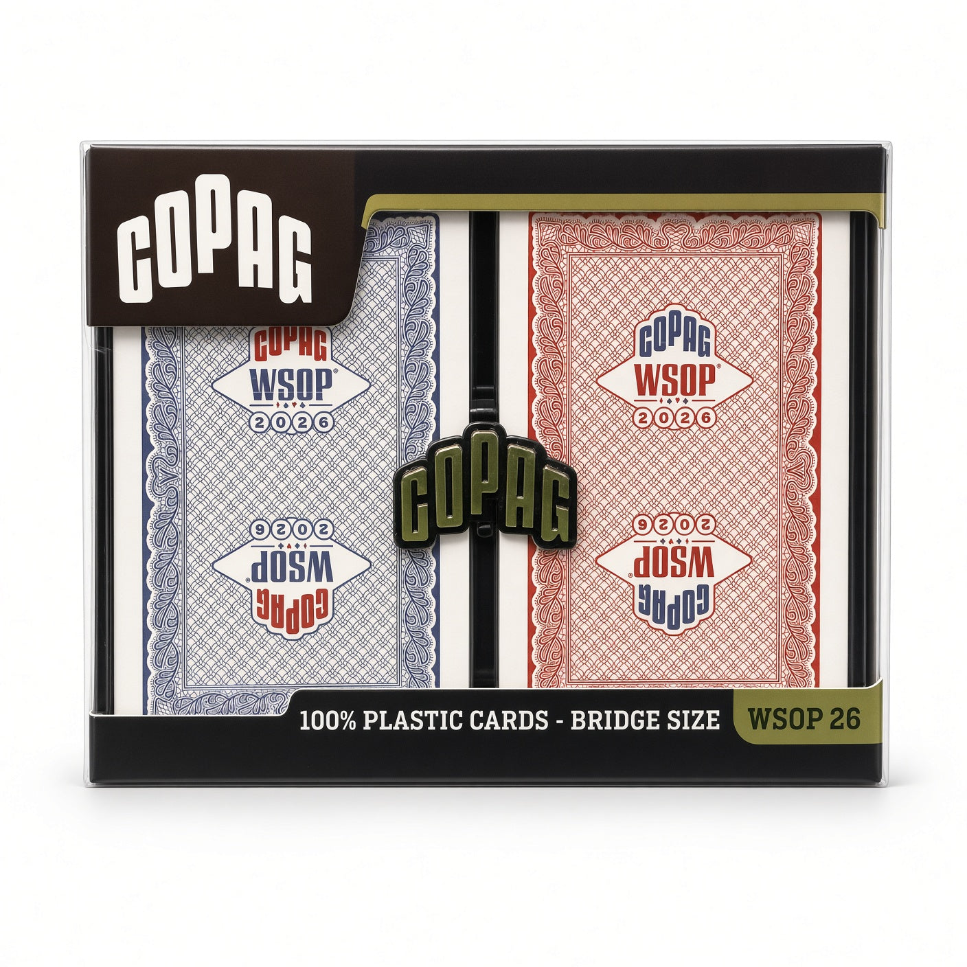 Close front view of the Copag WSOP 2026 Traditional red and blue double-deck set