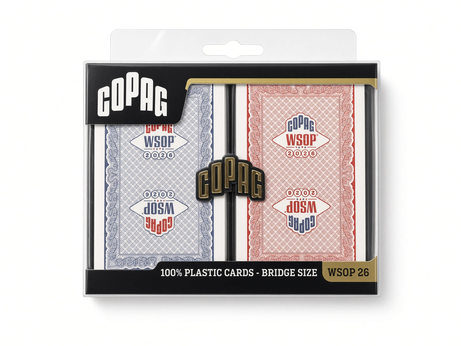 Copag WSOP 2026 Traditional red and blue double-deck set in its hanging retail package