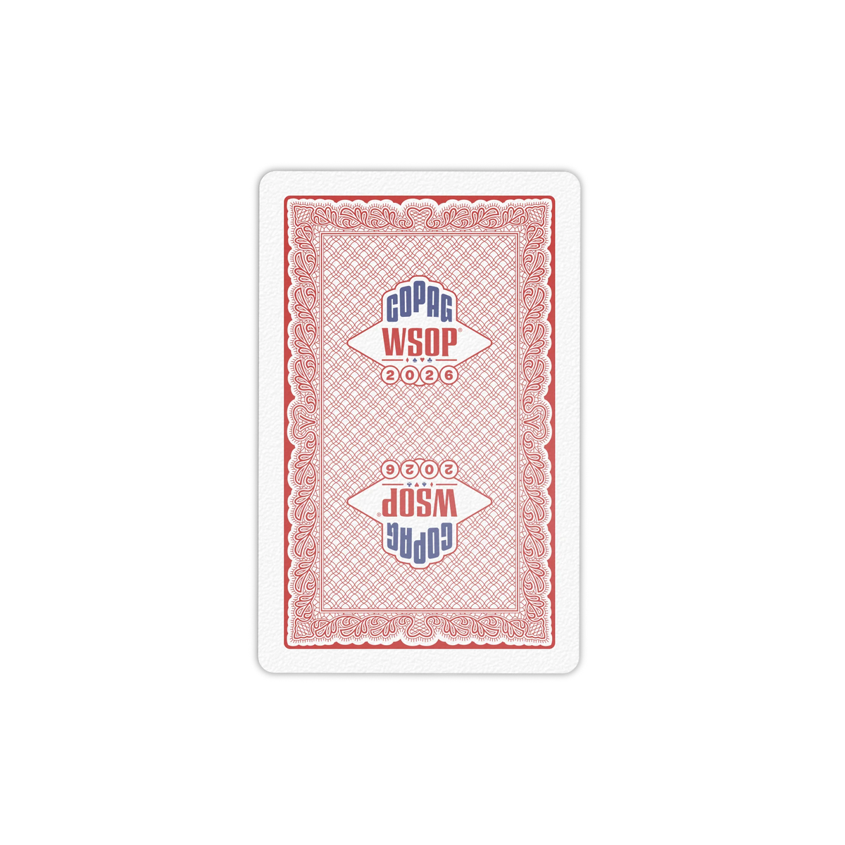 Red Copag WSOP 2026 Traditional playing-card back with an ornate border and two-way design