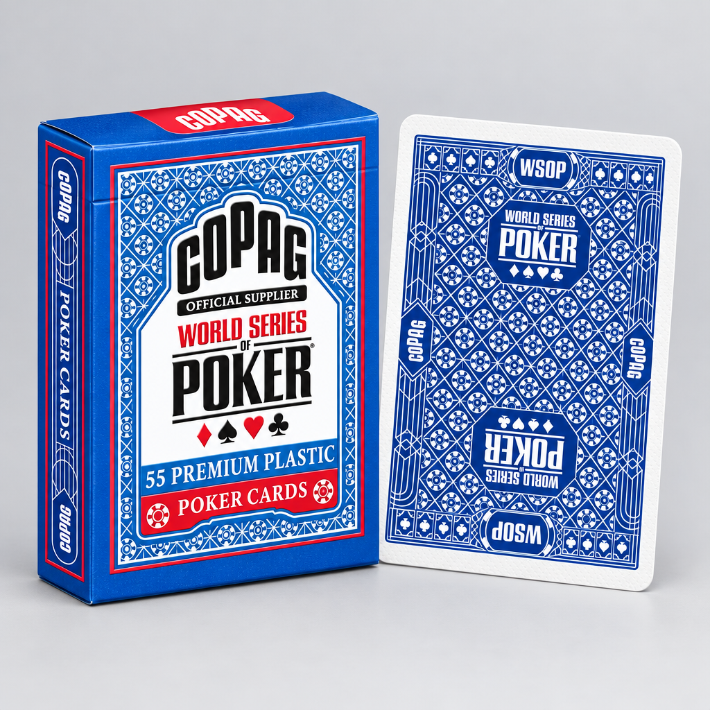 Blue Copag WSOP Core tuck box with red accents beside a white-bordered blue card back featuring World Series of Poker branding.