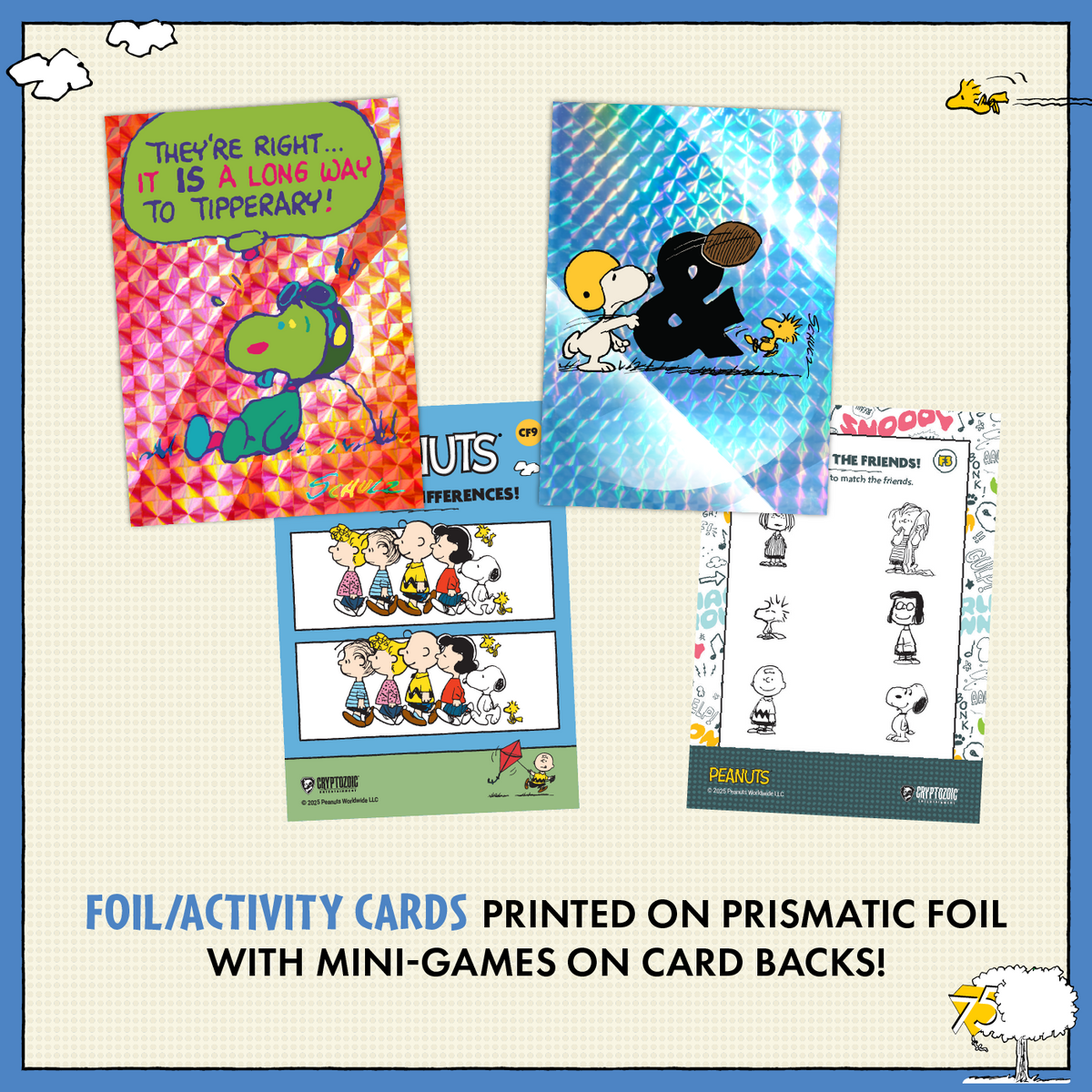 Peanuts Playpaks: 75 Years – Single 5-Card Pack – examples of possible card designs; pack contents vary
