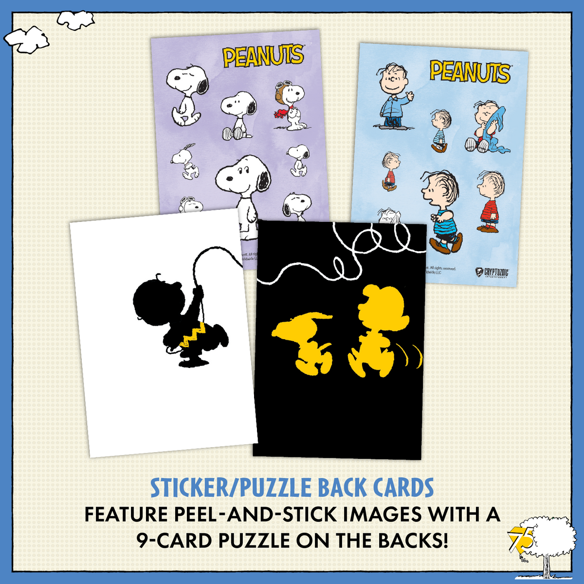 Peanuts Playpaks: 75 Years – Single 5-Card Pack – examples of possible card designs; pack contents vary
