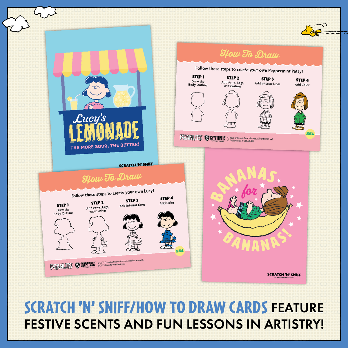 Peanuts Playpaks: 75 Years – Single 5-Card Pack – examples of possible card designs; pack contents vary