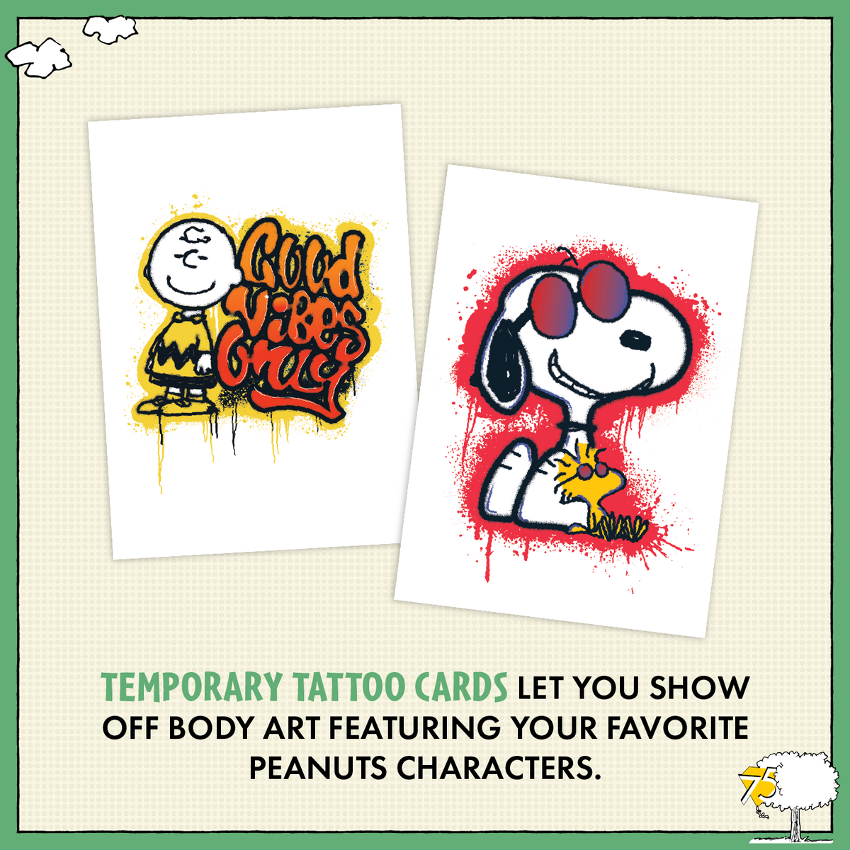Peanuts Playpaks: 75 Years – Single 5-Card Pack – examples of possible card designs; pack contents vary