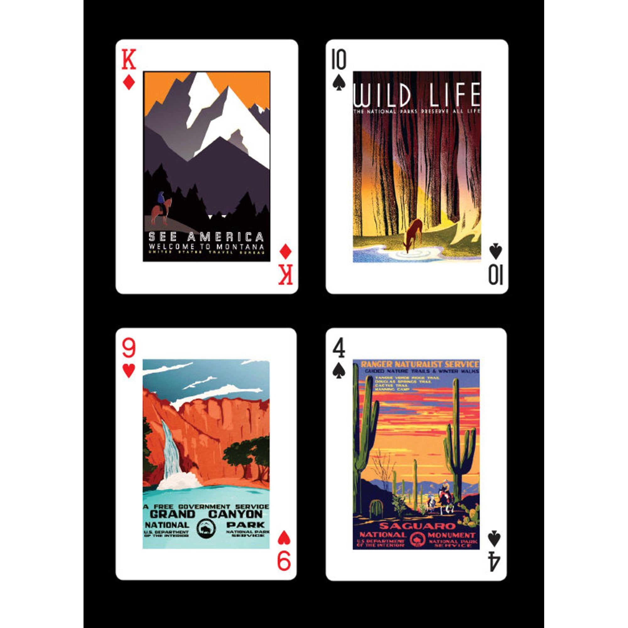 Four playing cards with nature-themed artwork on a black background