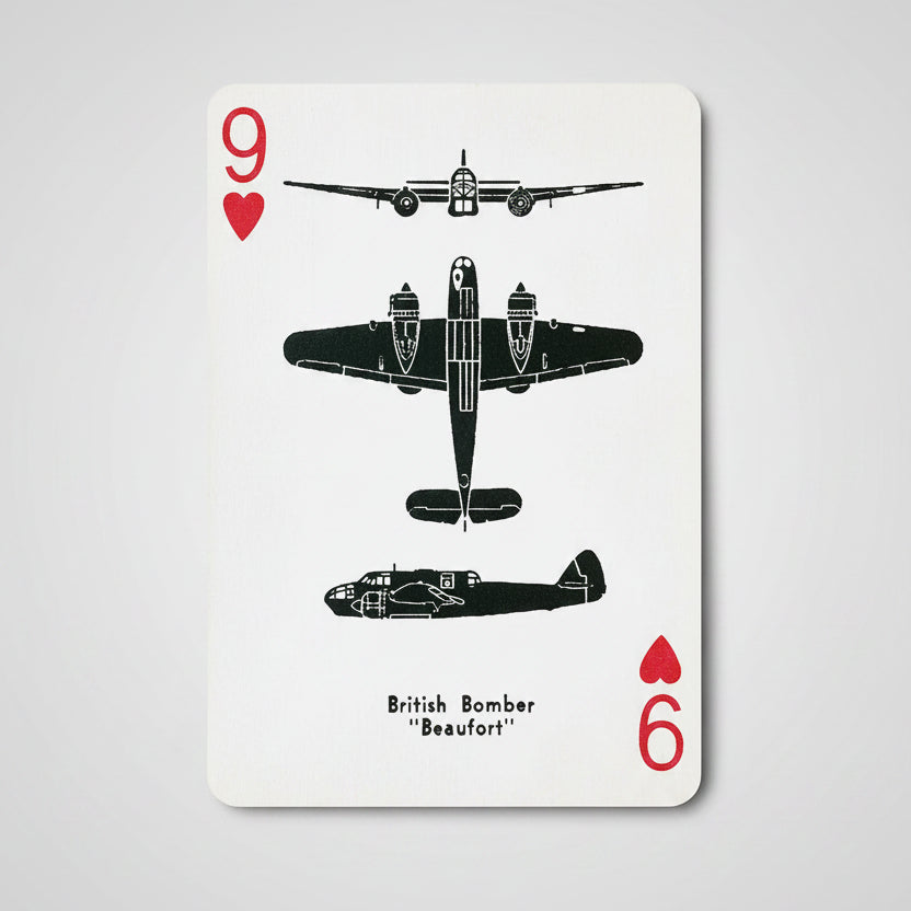 World War II Airplane Spotter Playing Cards by U.S. Games with aircraft silhouette identification cards featuring British Bomber "Beaufort"