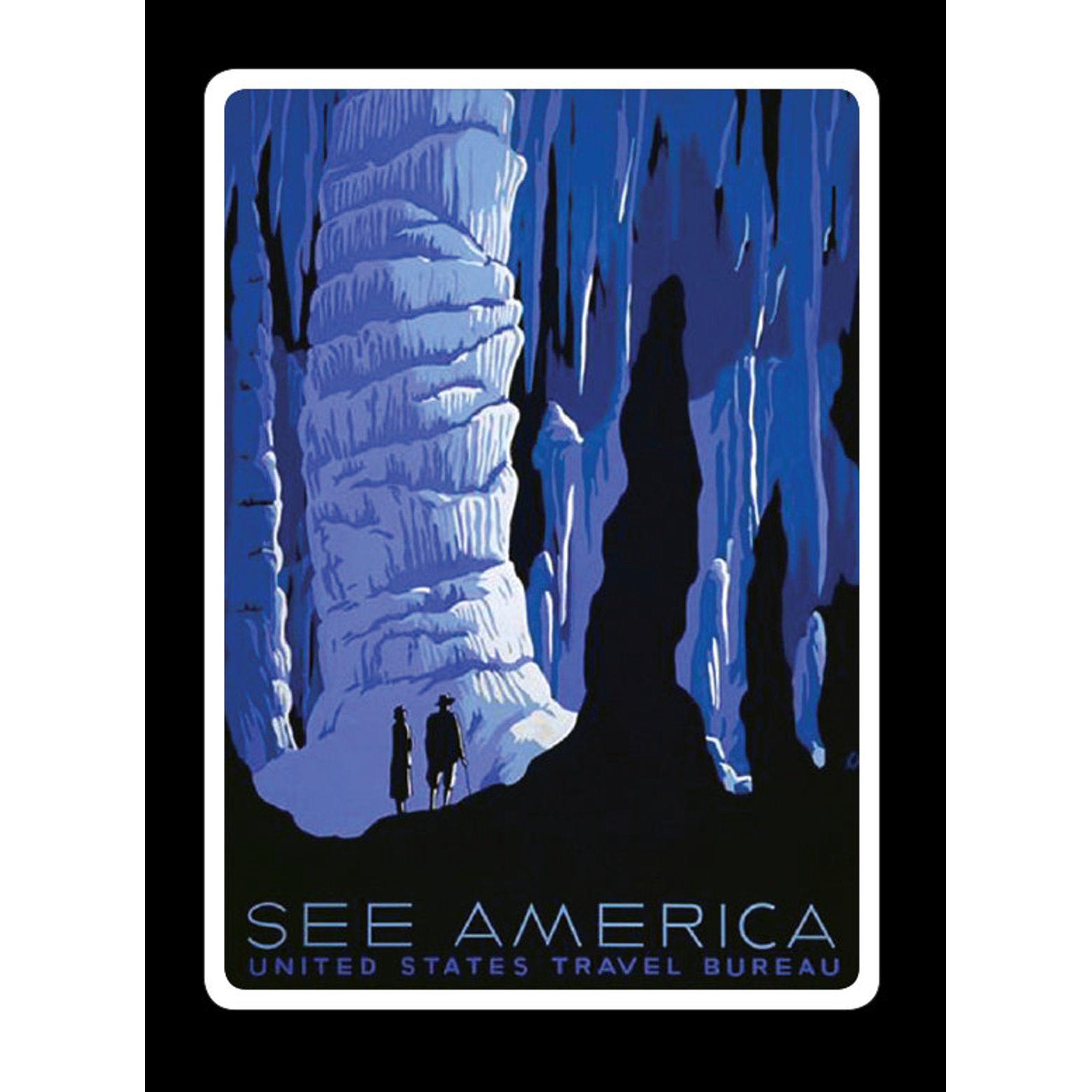 Vintage-style poster of a cave with two people and 'See America' text.