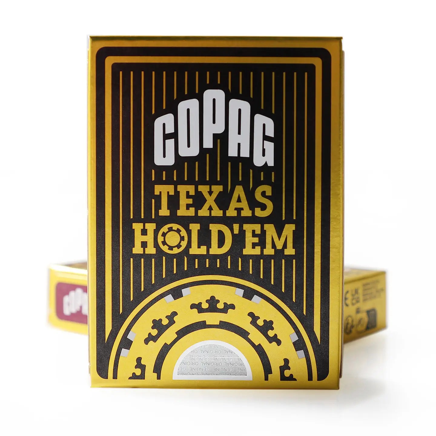 Copag Texas Hold'em playing cards with black and yellow design on a white background