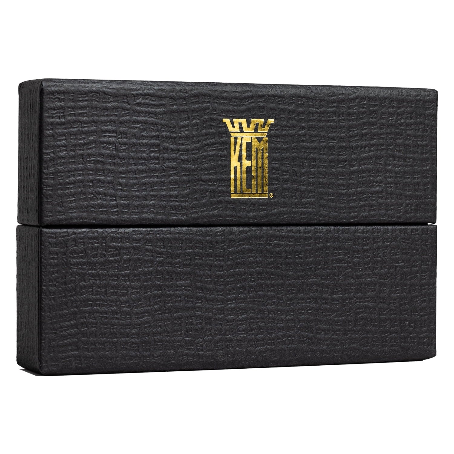 Black textured jewelry box with gold logo on a white background