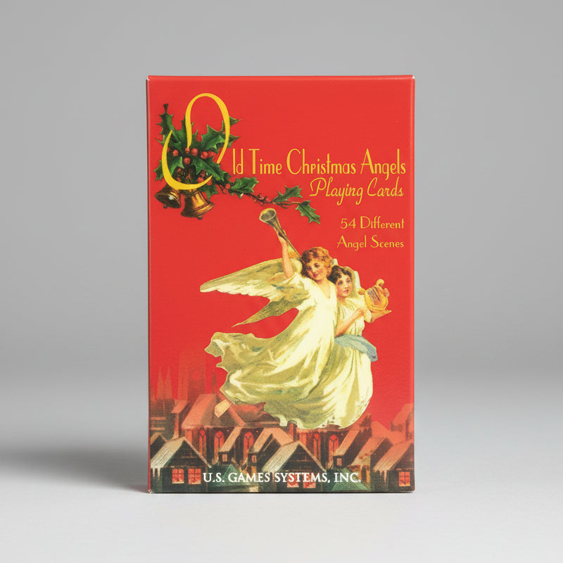 Card box cover of 'Old Time Christmas Angels Playing Cards' with angels and holly design on a red background.