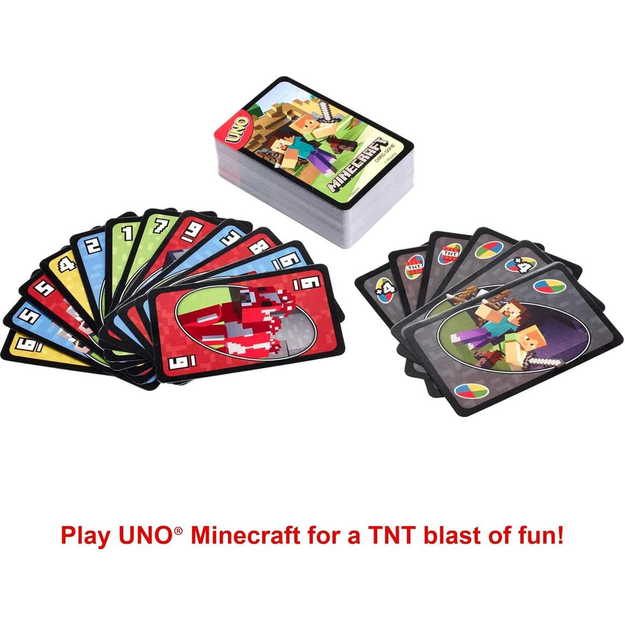 UNO Minecraft card game with cards spread out and box on a white background