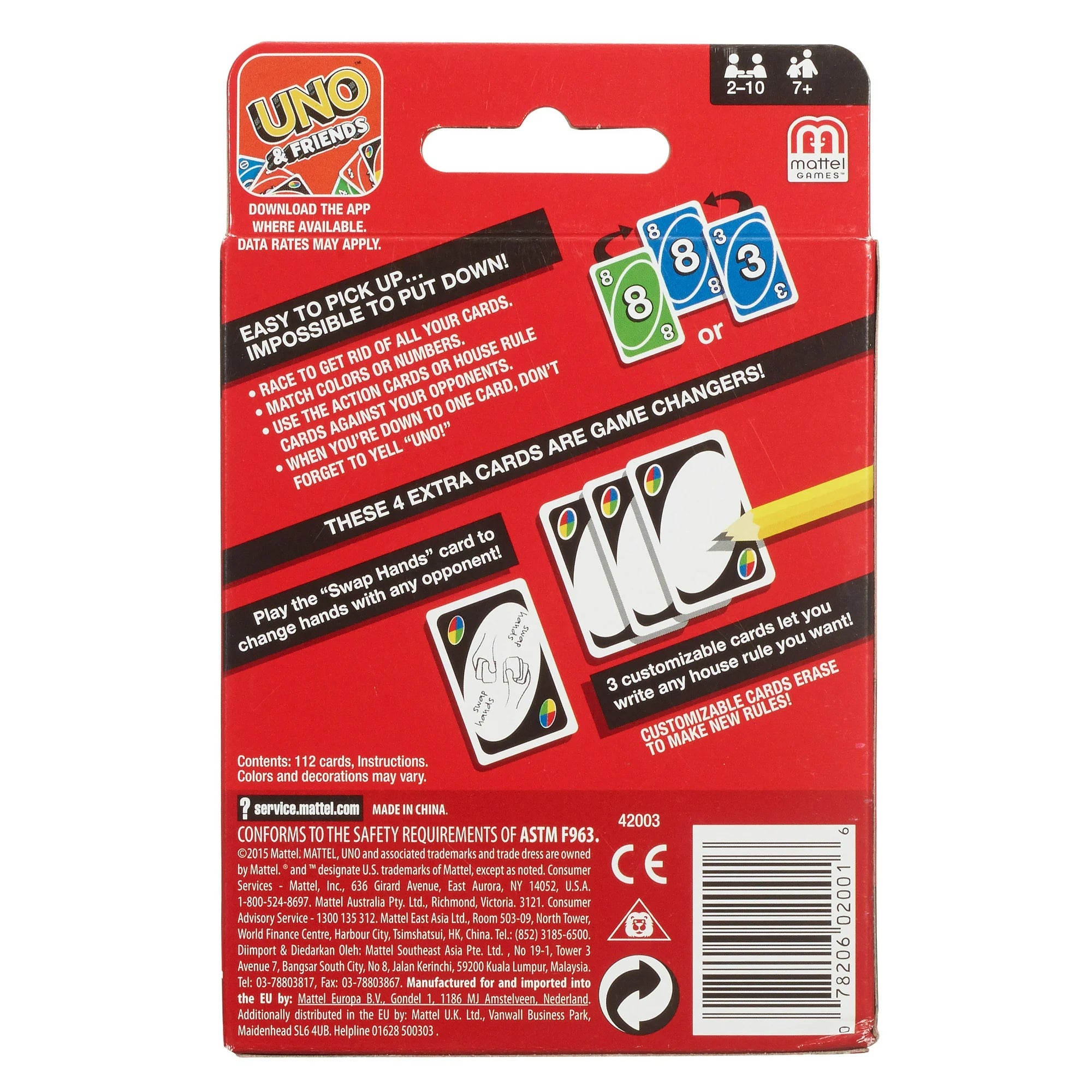 Back view of a UNO card game packaging with red background and colorful text.