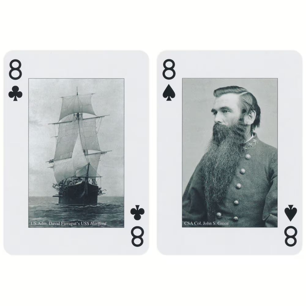 Two playing cards with historical images and text on a white background