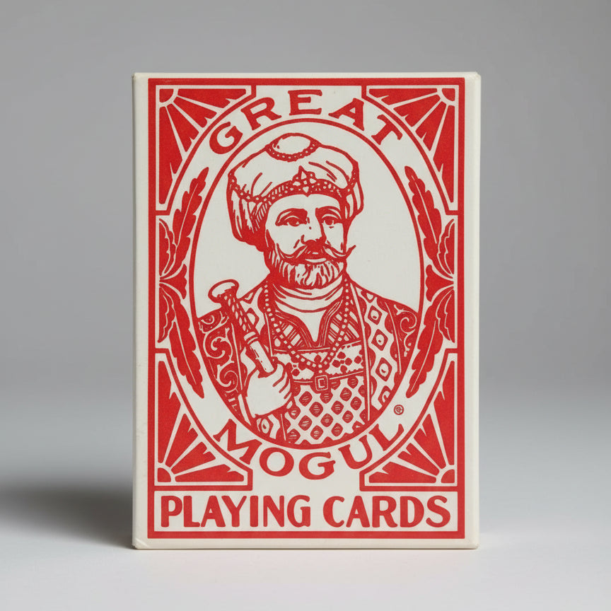 Card game box with illustration of a man in a turban and 'Great Mogul Playing Cards' text.