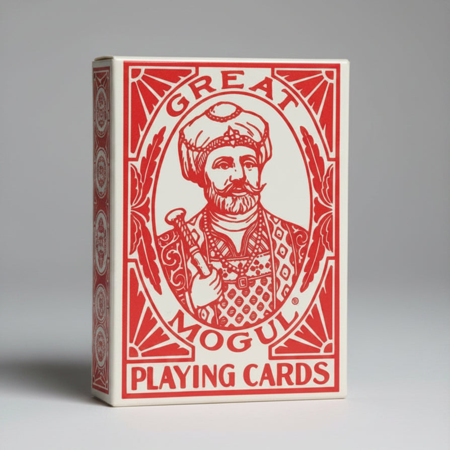 Card game box with illustration of a man in a turban and 'Great Mogul Playing Cards' text.