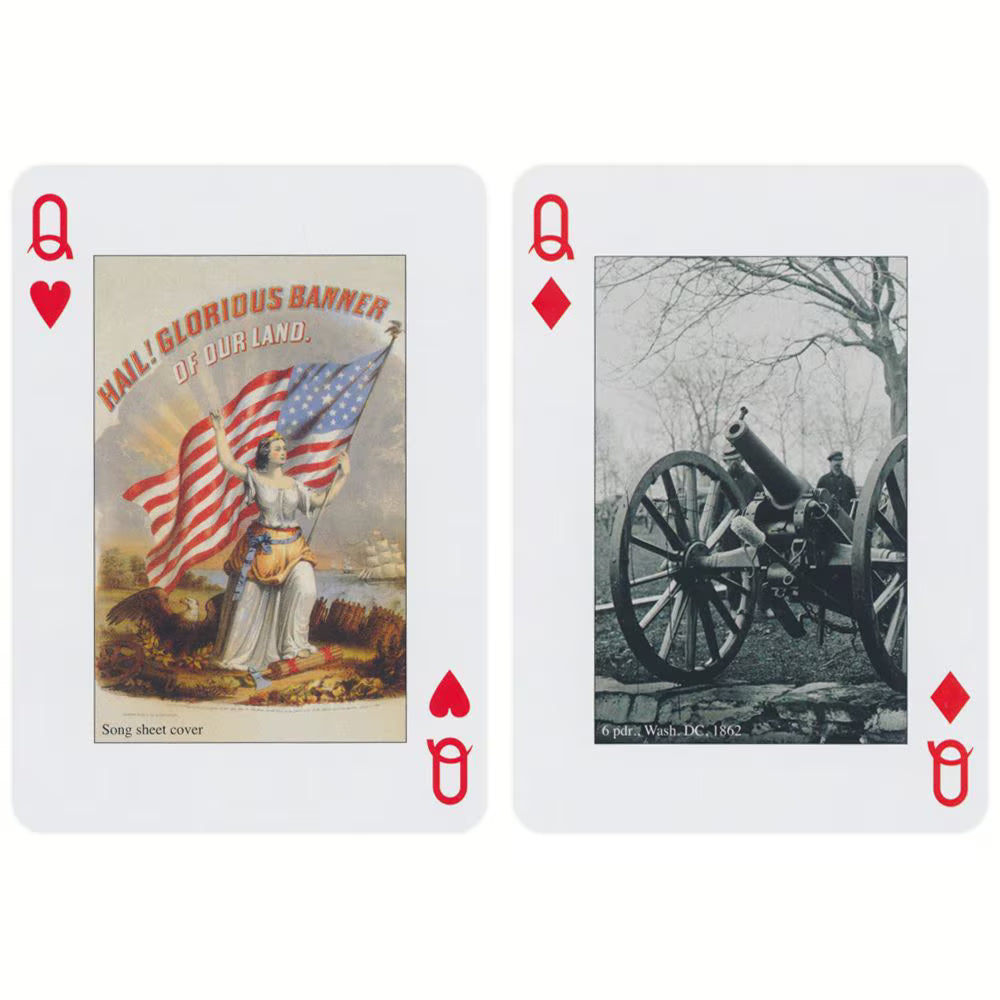 Two playing cards with historical-themed artwork on a white background
