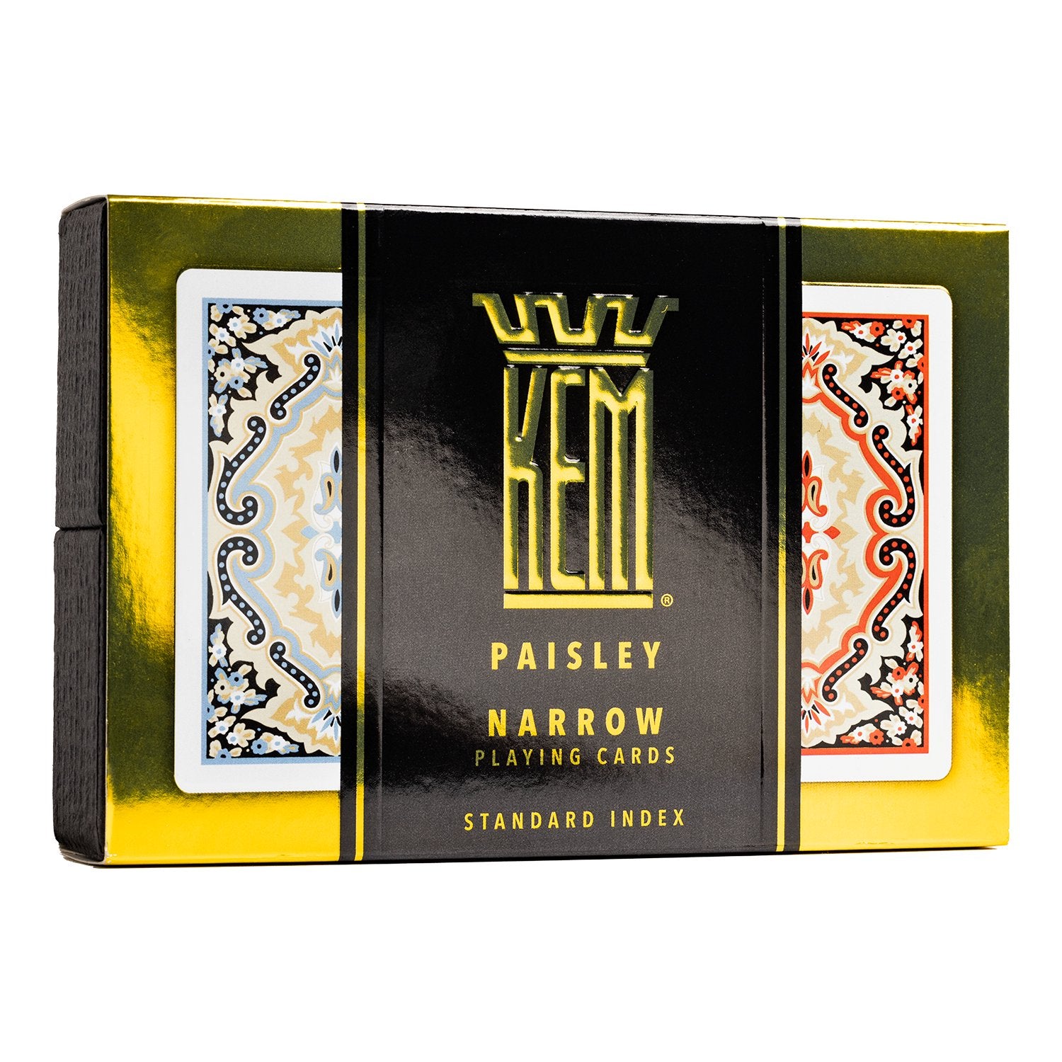 Hem Paisley Narrow playing cards packaging with yellow and black design