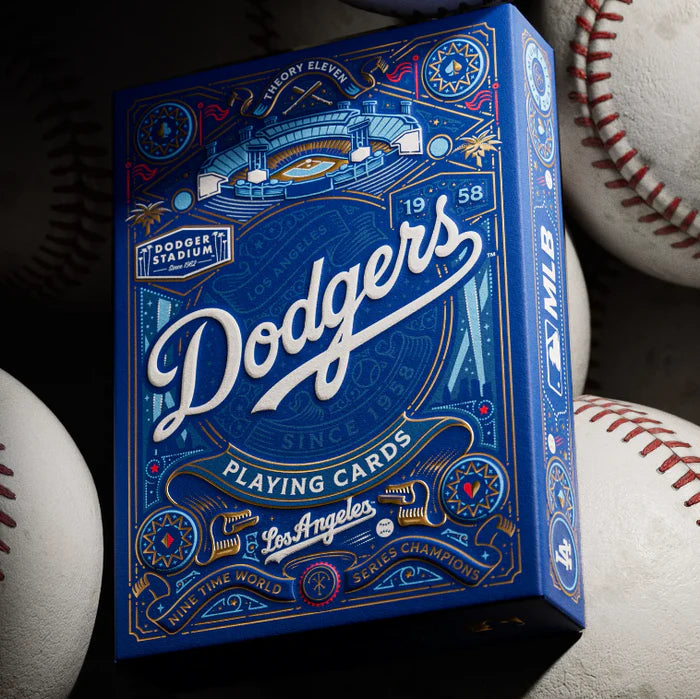 Blue Dodgers playing cards tuck box with baseballs in the background