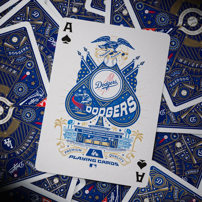 Ace of Spades with Dodgers logo on a blue and white background with Dodger Stadium underneath