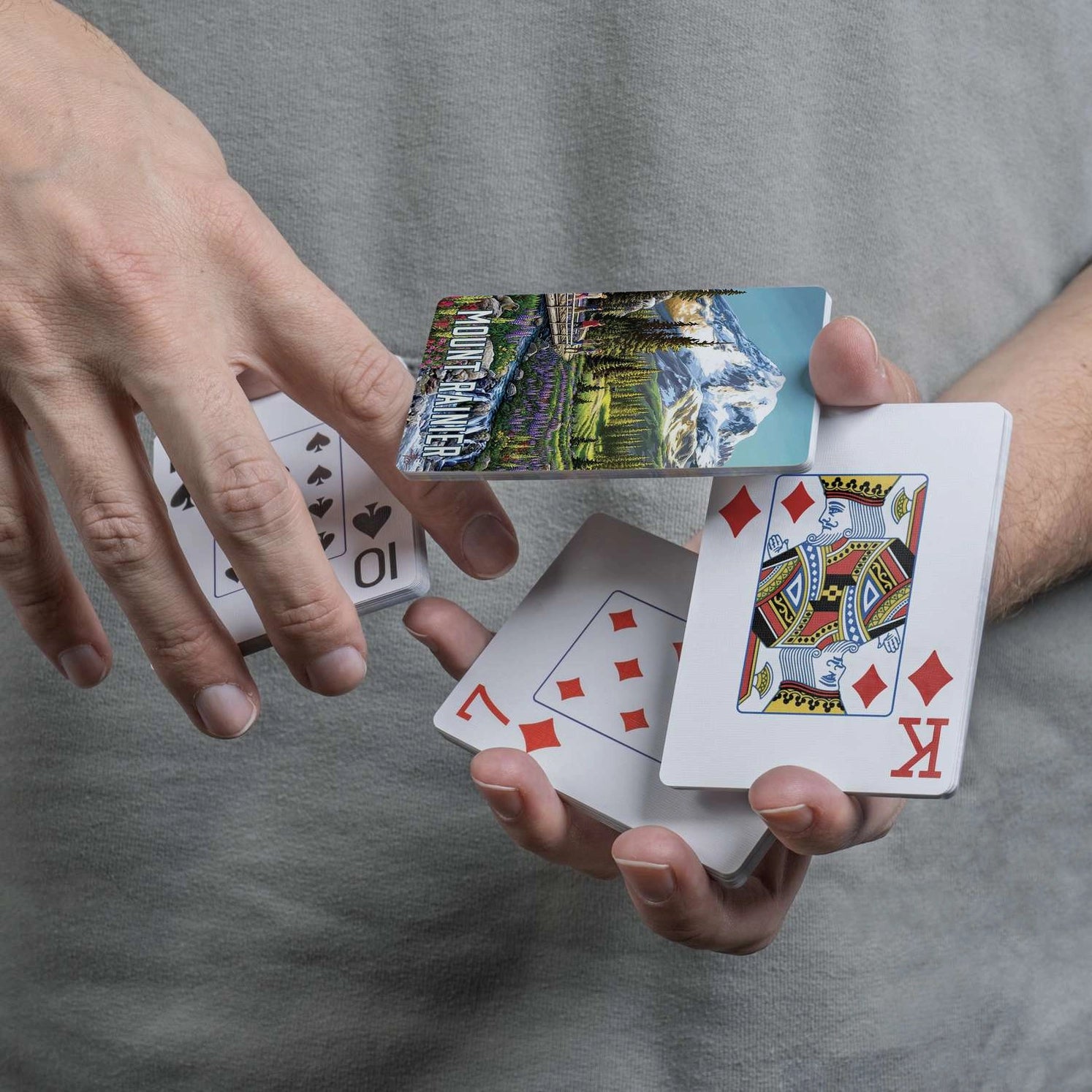 Mount Rainier Playing Cards by Boardwalk scenic card back with snow-covered mountain and evergreen forest