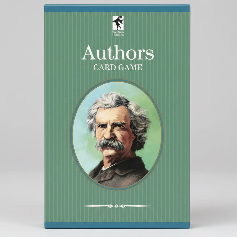 Authors card game box with a portrait of Mark Twain on a green background