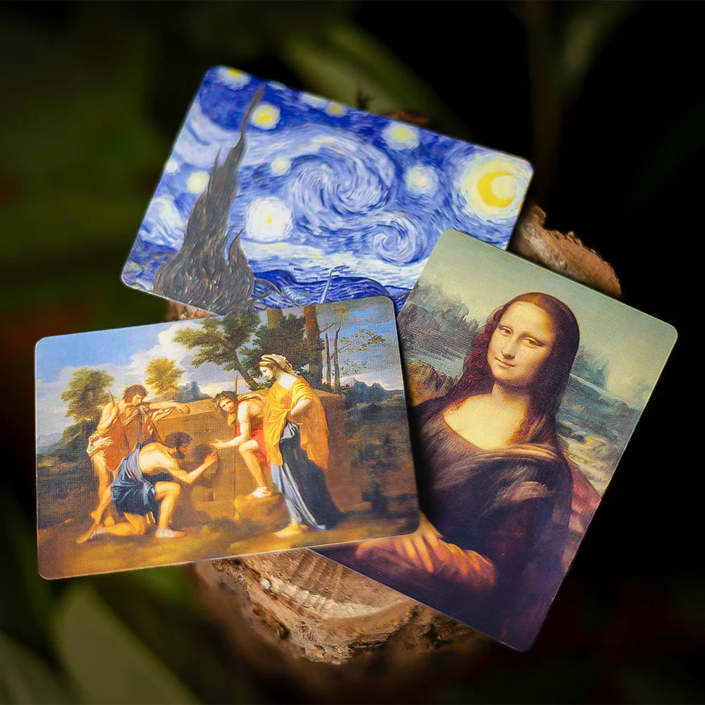 Three famous artwork cards displayed on a dark background
