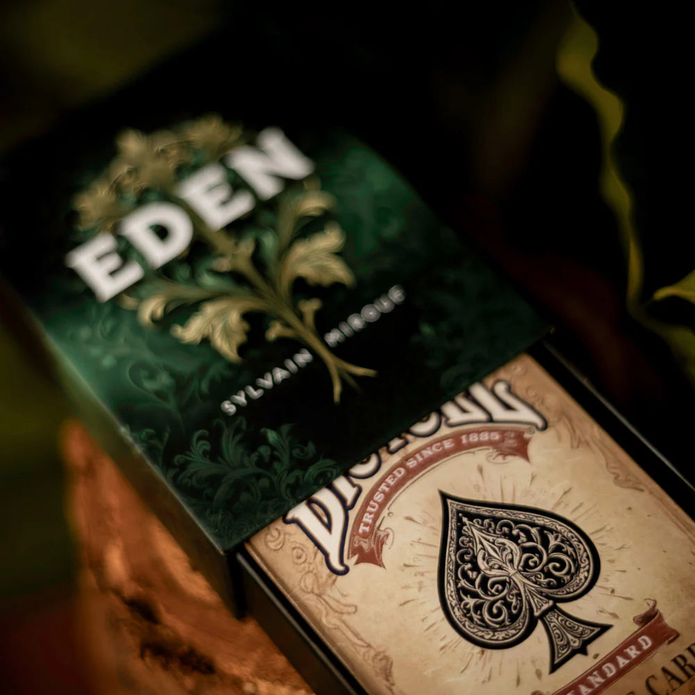 Close-up of a deck of Eden playing cards with a visible brand logo.
