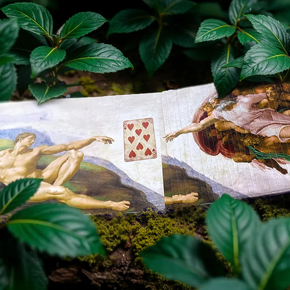 Artistic depiction of a classical painting with a playing card featuring hearts, surrounded by green leaves.