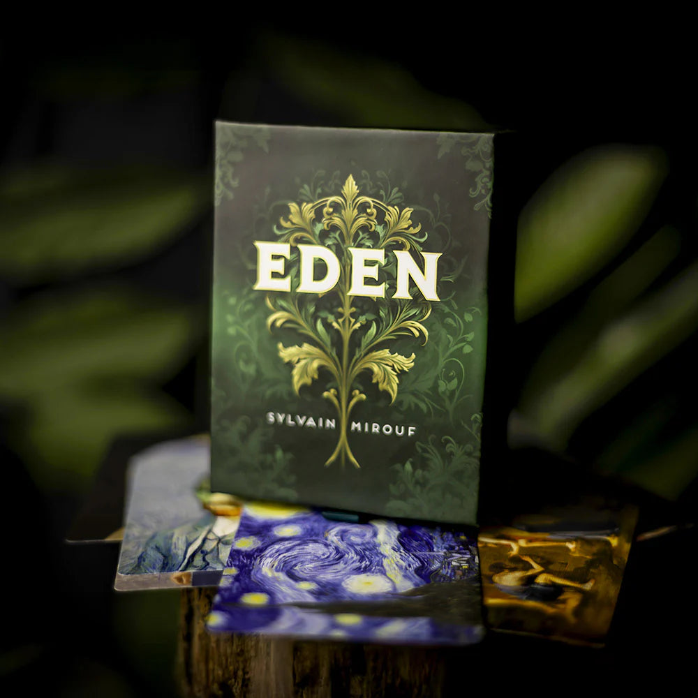 Playing card deck titled 'Eden' by Sylvain Mirouf with decorative cover design on a dark background.