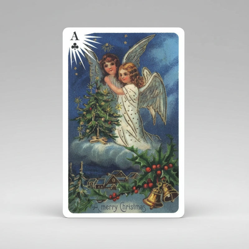 Vintage-style Christmas card with two angels, a tree, and bells on a blue background.