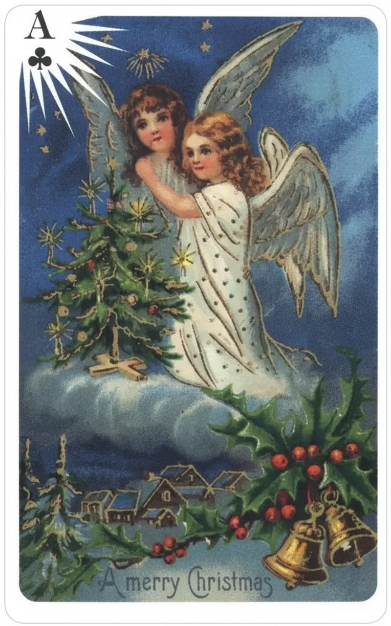 Vintage-style Christmas playing card with two angels, a tree, and bells on a blue background.