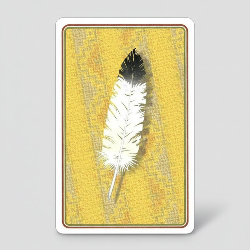 Feather design on a textured yellow background with a brown border