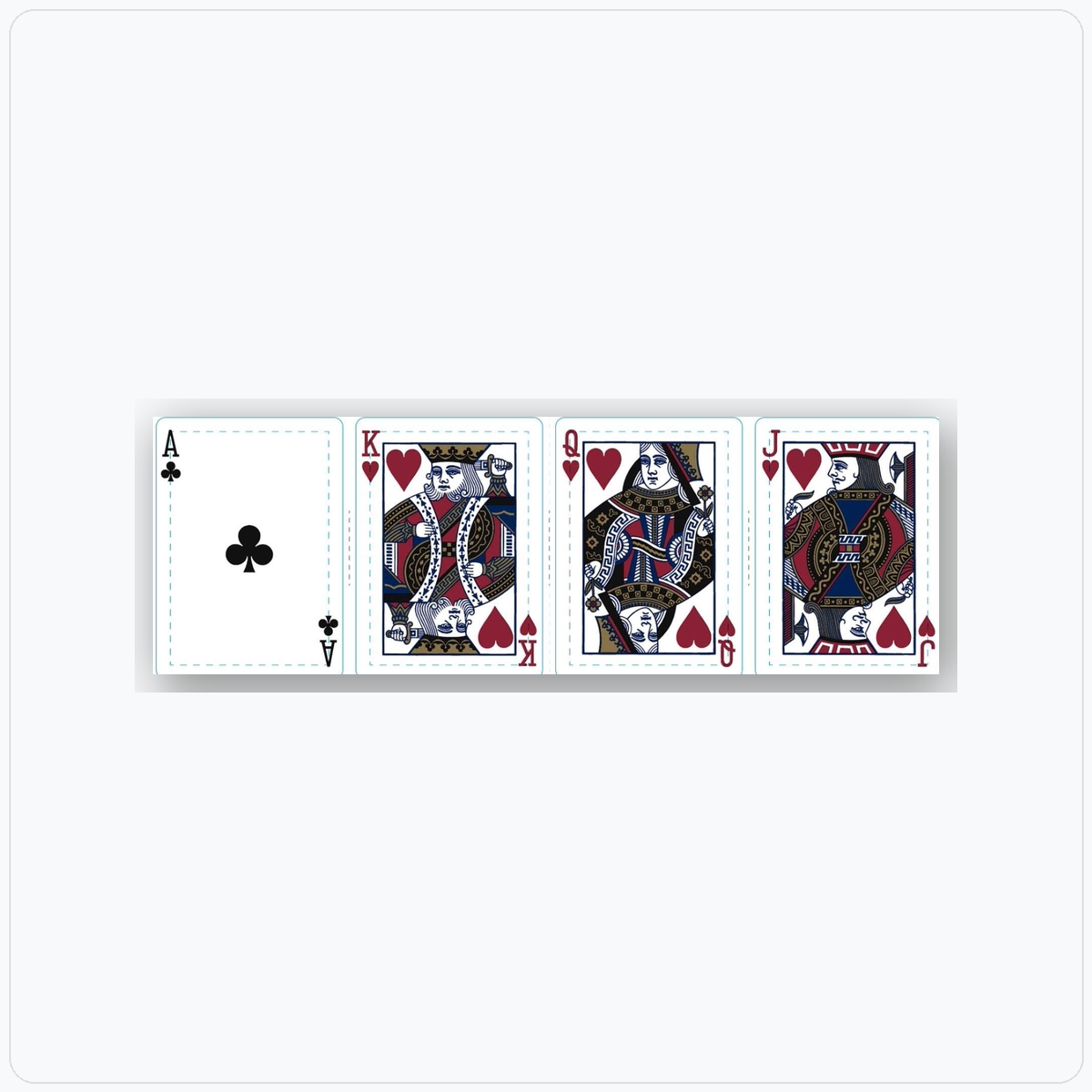 Four playing cards (Ace of Clubs, King of Hearts, Queen of Hearts, Jack of Hearts) from the Aristocrat currency green deck on a white background
