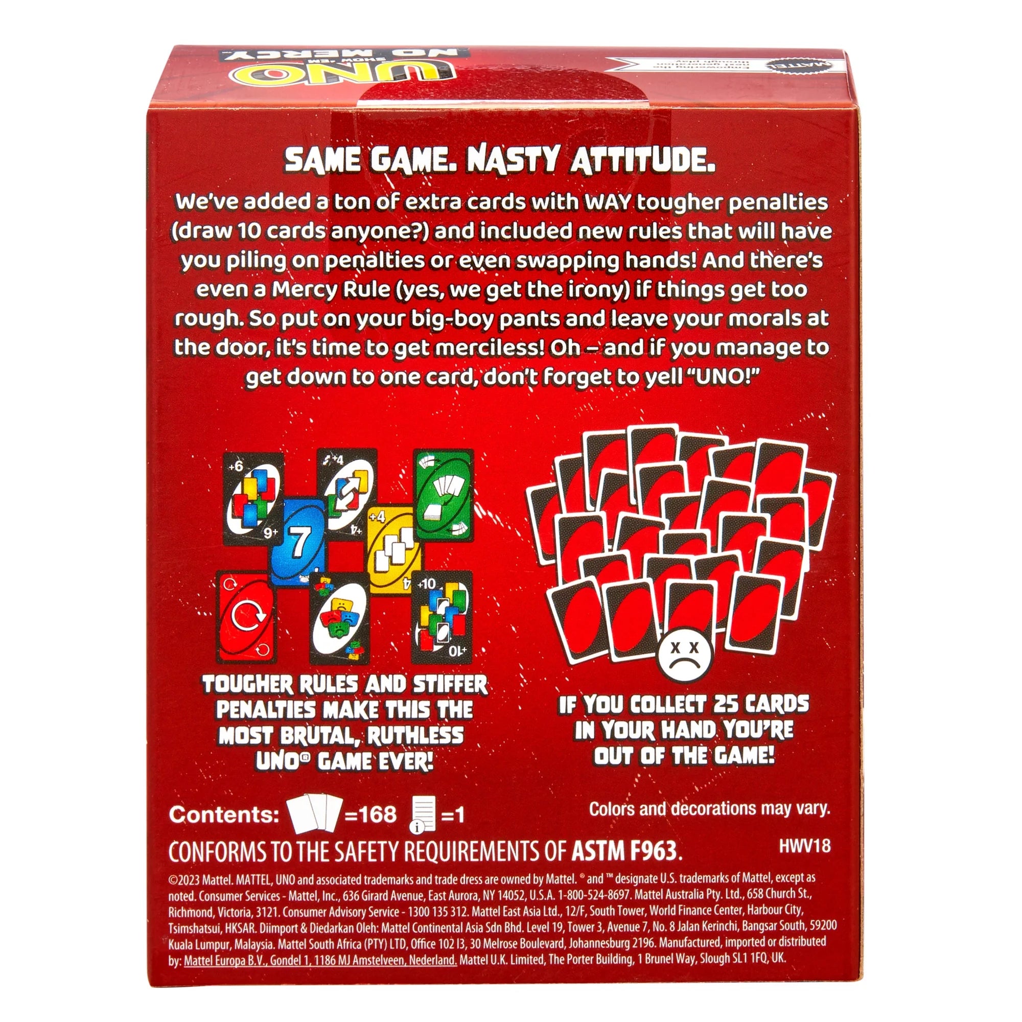 Red box of UNO Show Em No Mercy card game with text and card illustrations on a white background