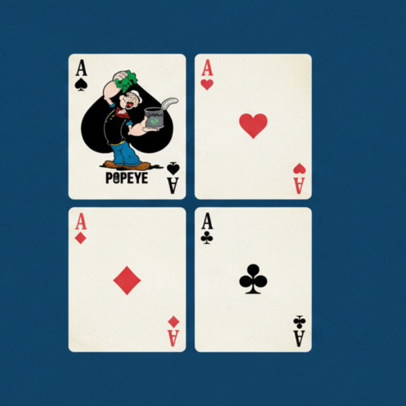 Four playing card aces featuring Popeye on a blue background