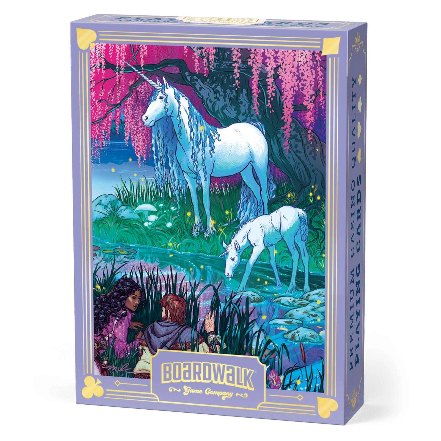 Finding Unicorns Playing Cards by Boardwalk tuck box with mother unicorn, foal, enchanted cove, and pink forest artwork