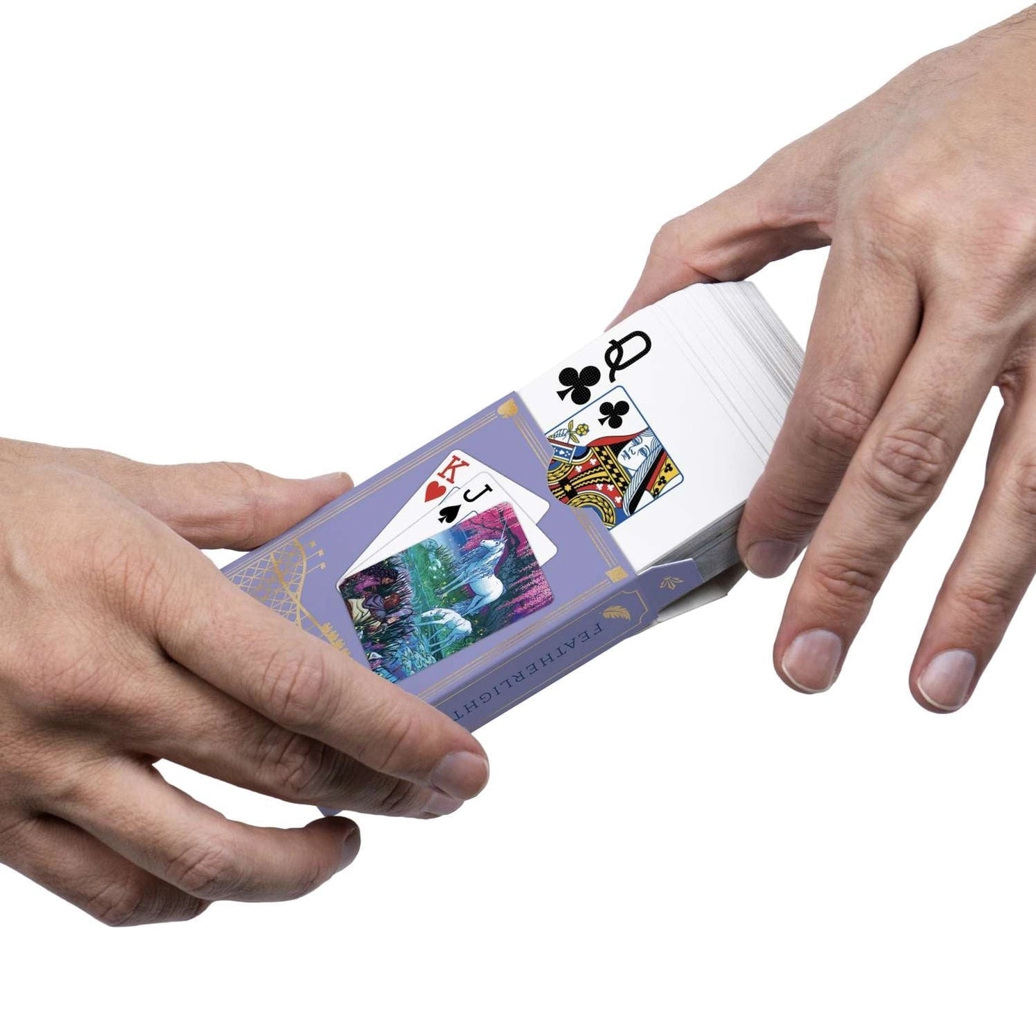 Finding Unicorns Boardwalk playing cards sliding from lavender illustrated tuck box