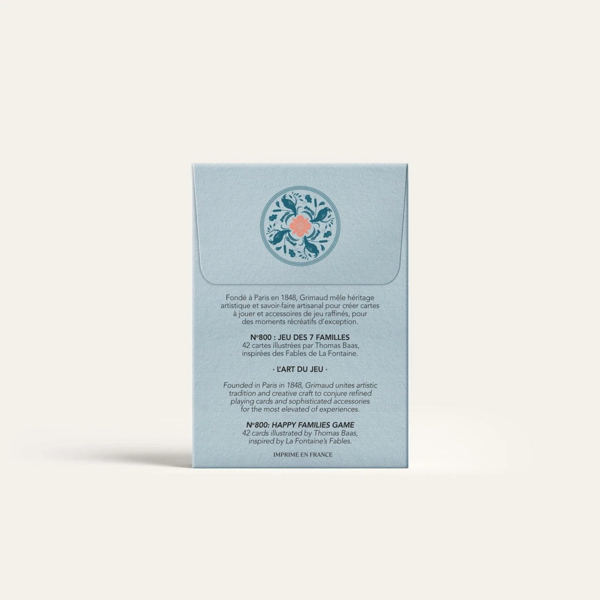 Grimaud N°800 Happy Families box back identifying 42 cards illustrated by Thomas Baas and printed in France.