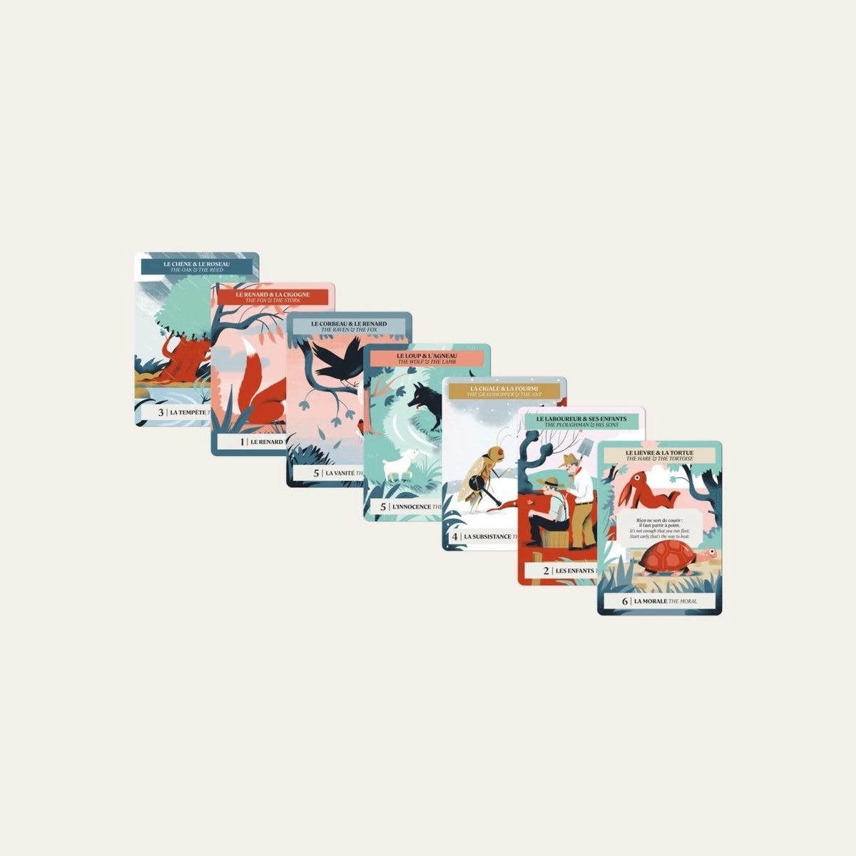 Seven illustrated Grimaud Happy Families card faces showing La Fontaine fables with French and English labels.