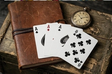 Haunted Dolls Playing Cards Aces of spades, diamonds, and clubs with the eight of clubs beside a leather journal and pocket watch
