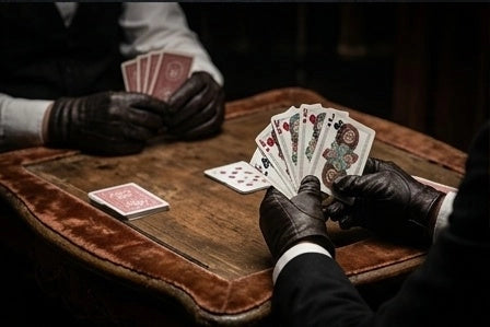 Gloved players holding Haunted Dolls Playing Cards around a wooden table with card faces and red patterned backs visible