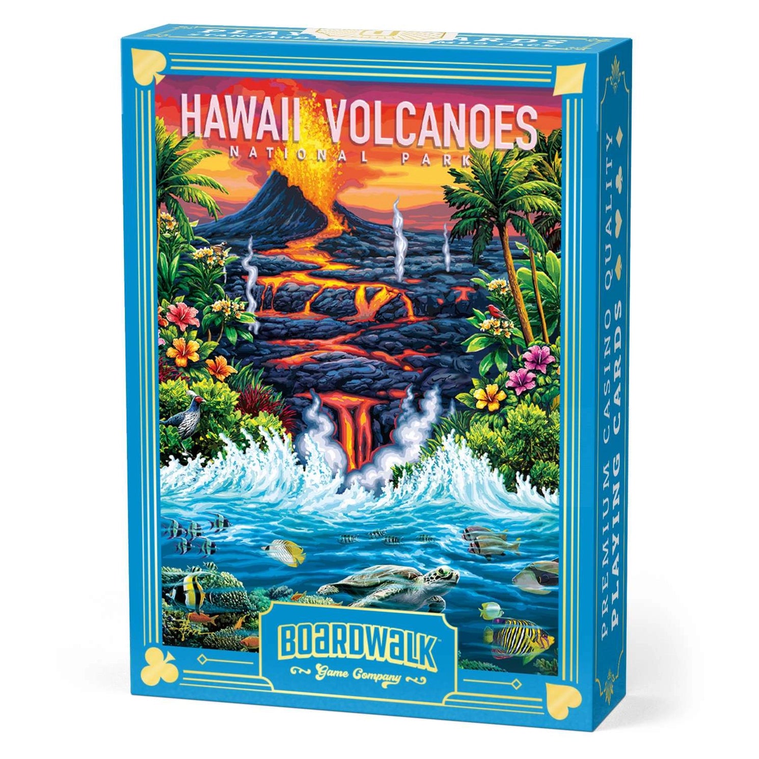 Hawai'i Volcanoes National Park Playing Cards by Boardwalk tuck box with erupting volcano, lava, tropical plants, and Pacific sea life