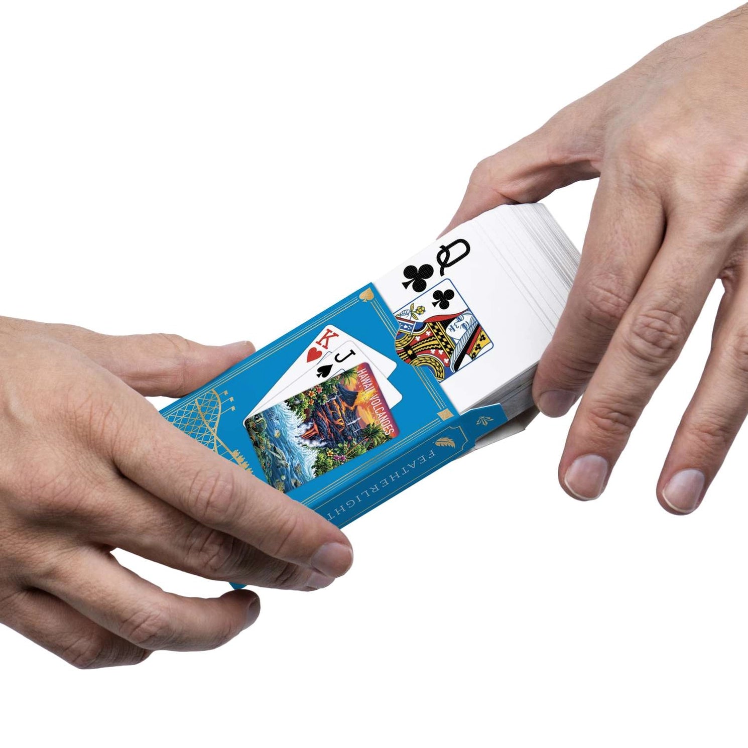 Hawai'i Volcanoes Boardwalk playing cards sliding from blue illustrated Featherlight tuck box